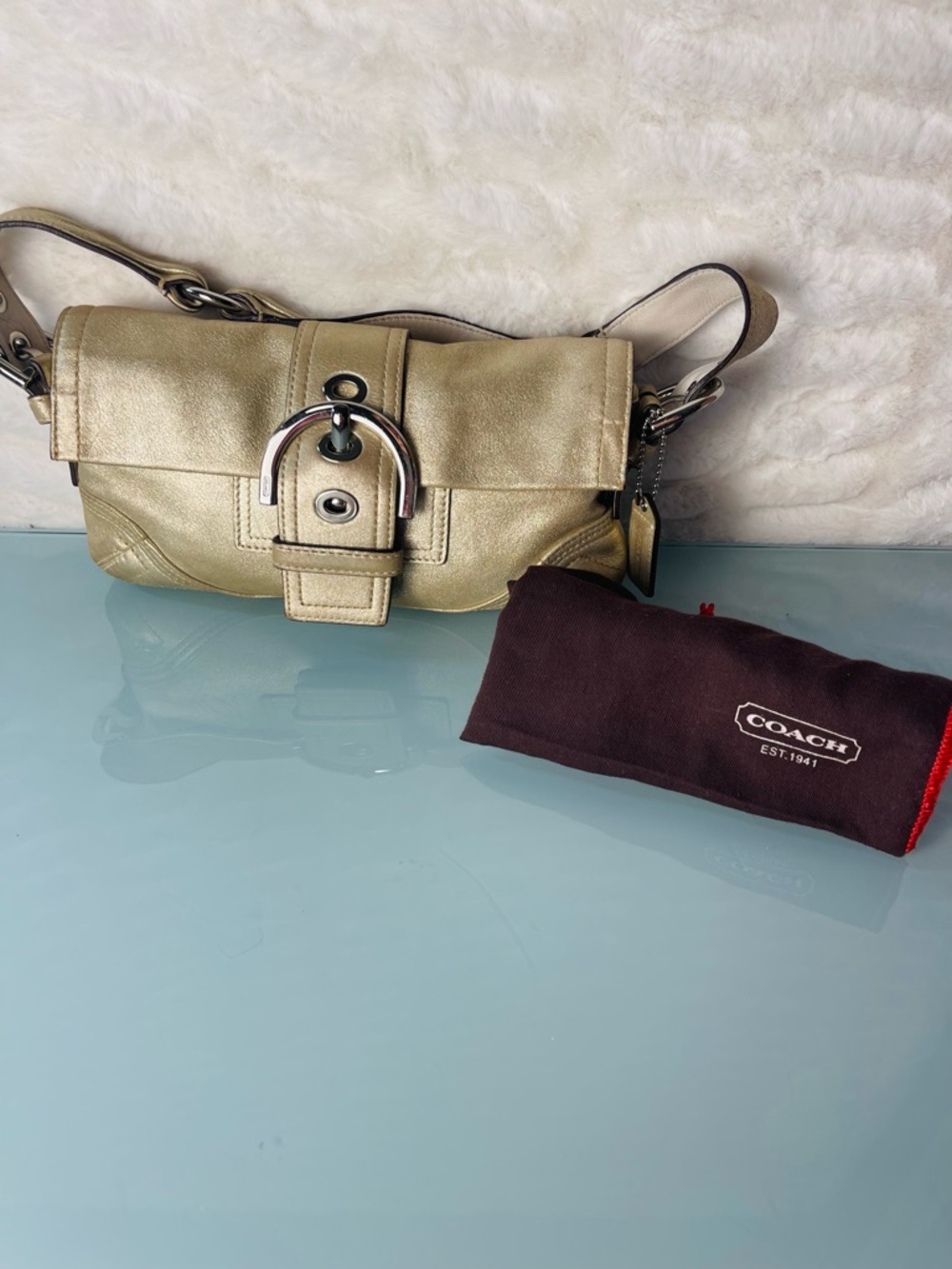 Coach Y2K SoHo Ltd Ed Metallic Gold Goat Suede Buckle Flap Baguette Hobo Bag